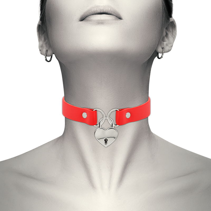 Collier Fétiche Cuir Végan Rouge Cœur et Clé - Coquette