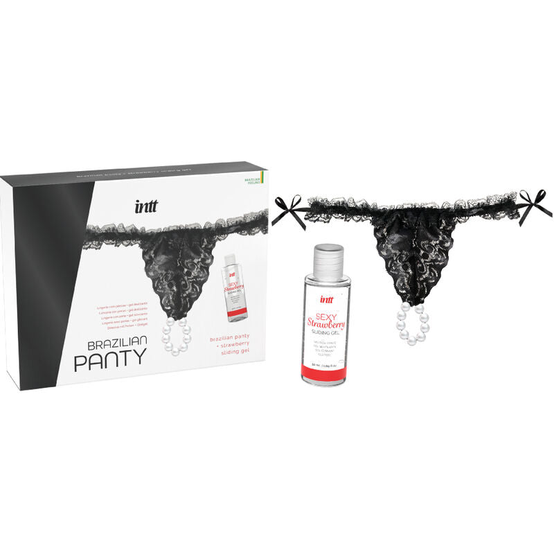 Intt - Pack Culotte Sexy Noir Brésilienne avec Perles et Gel Lubrifiant 50 ml