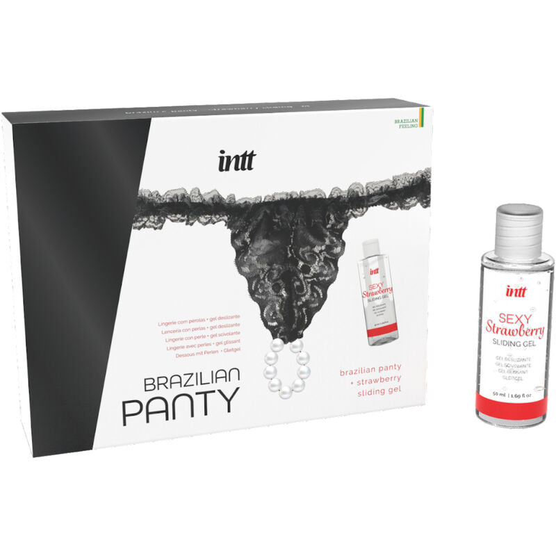 Intt - Pack Culotte Sexy Noir Brésilienne avec Perles et Gel Lubrifiant 50 ml
