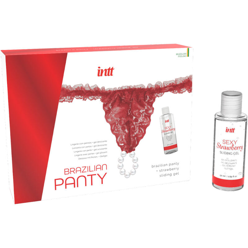 Intt - Pack Culotte Sexy Rouge Brésilienne avec Perles et Gel Lubrifiant 50 ml