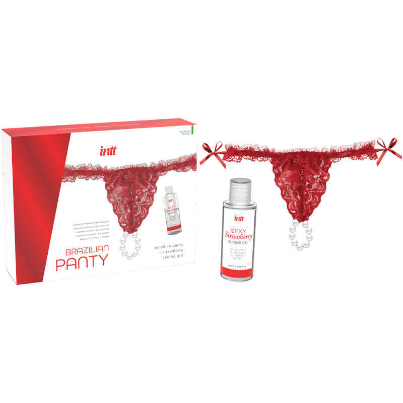 Intt - Pack Culotte Sexy Rouge Brésilienne avec Perles et Gel Lubrifiant 50 ml