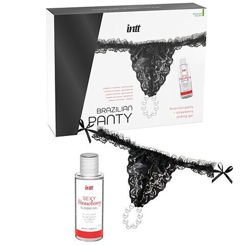 Intt - Pack Culotte Sexy Noir Brésilienne avec Perles et Gel Lubrifiant 50 ml