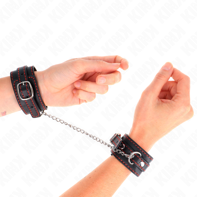 Menottes Cuir Noir Doublure Rouge Réglables 14-24cm - KINK - KINK WRIST RESTRAINT