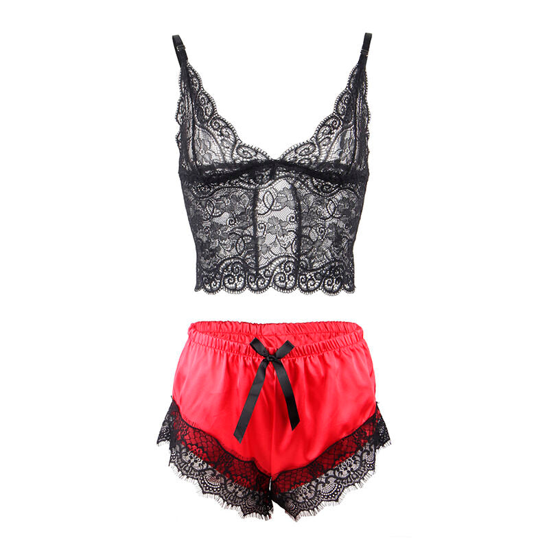 Subblime - 953959 chemise de nuit décontractée en soie + pantalon en dentelle noir/rouge s/m