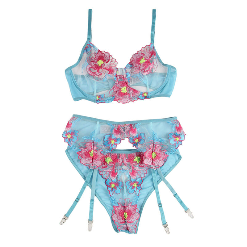 Subblime - 954109 soutien-gorge + culotte avec porte-jarretelles motif floral bleu s/m