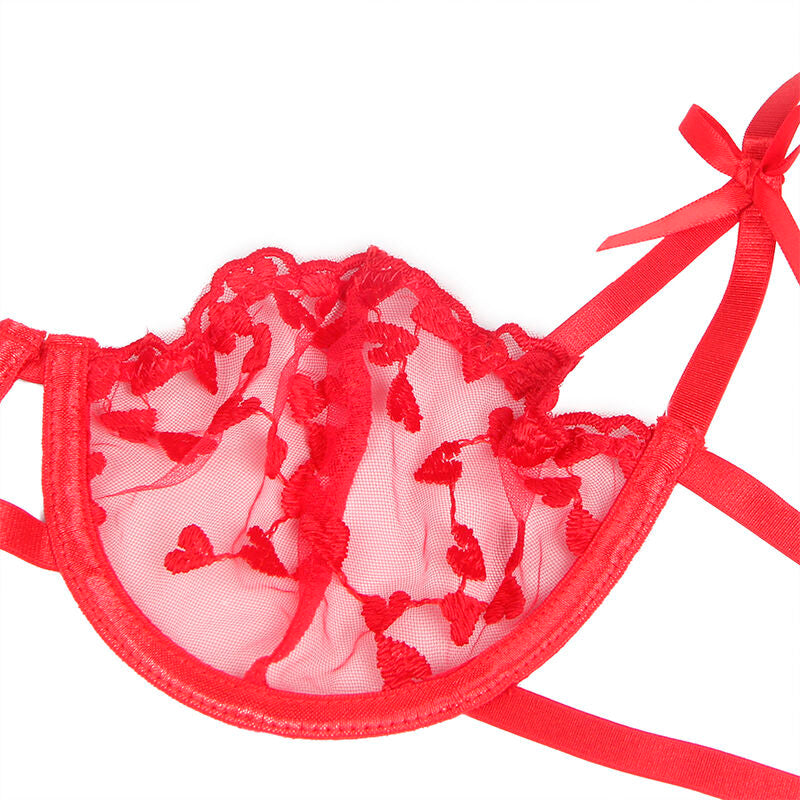 Subblime - 954321 soutien-gorge + string + porte-jarretelles imprimé coeur rouge s/m