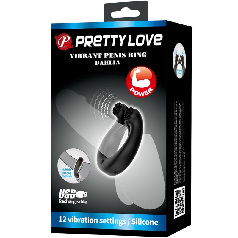 Pretty love - anneau vibrant dahlia + stimulateur de clitoris 12 vibrations noir