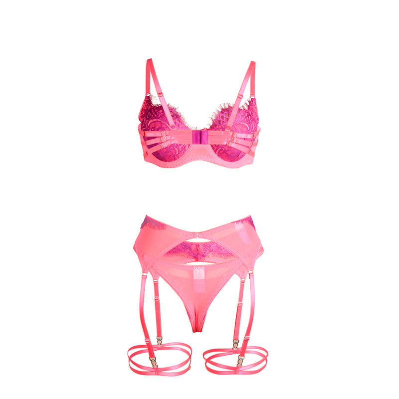 Ensemble lingerie dentelle et jarretelles rose/violet S/M - Subblime