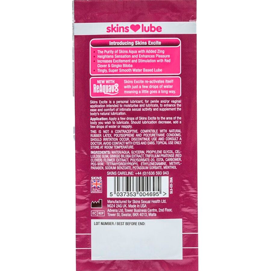 Lubrifiant Excite à Base d'Eau Dose Unique 5ml - Skins - SKINS