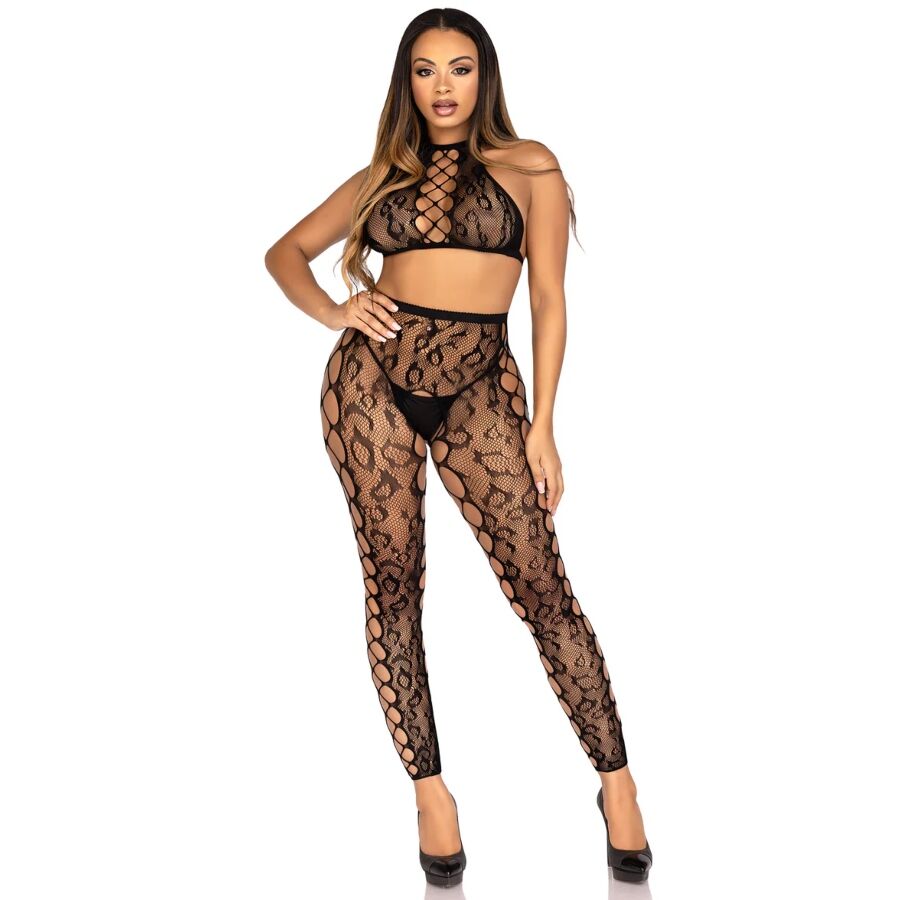 LEG AVENUE - 89372 CROP TOP ET COLLANTS SANS ENTREJAMBE NOIRS - TAILLE UNIQUE