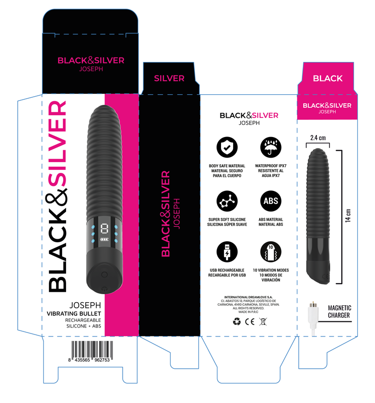 BLACK & SILVER - VIBRATEUR USB RECHARGEABLE JOSEPH AVEC AFFICHAGE LED