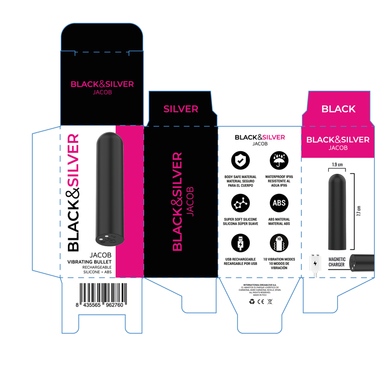 BLACK & SILVER - JACOB BALLE VIBRANTE RECHARGEABLE USB NOIR