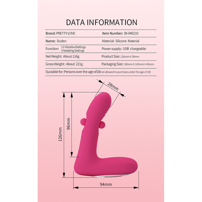 PRETTY LOVE - DUDEN VIBRATEUR EN SILICONE RECHARGEABLE 12 MODES DE VIBRATION ET 3 MODES DE BASCULE ROSE