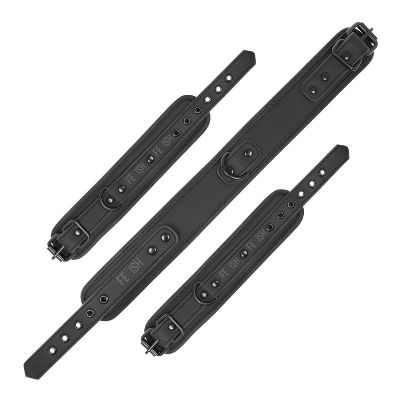 Fetish submissive - collier et menottes en cuir végan avec doublure en noprène