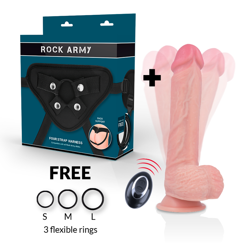 Rock Army - Gode Ceinture Réaliste Vibrant avec 3 Cockrings / 20,5 cm