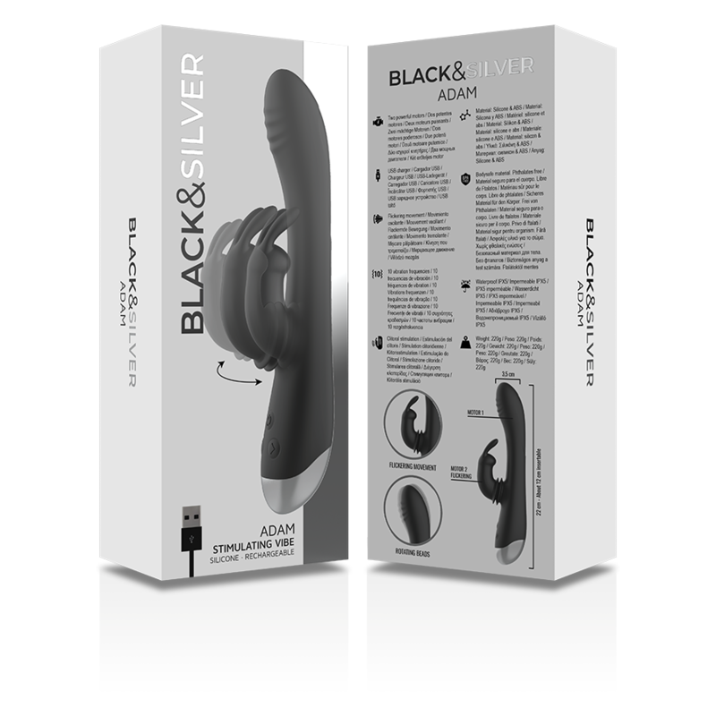 BLACK&SILVER - DJ. STIMULATEUR DE LAPIN RECHARGEABLE EN SILICONE ADAM NOIR