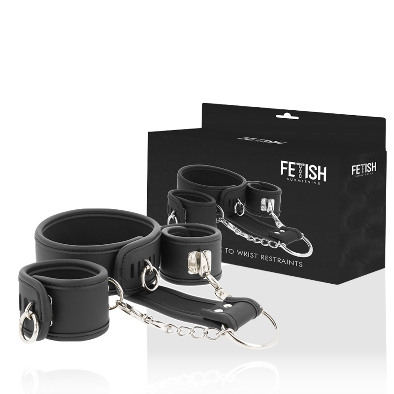 Fetish submissive - collier et menottes en cuir végan avec doublure en noprène