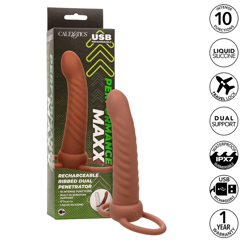 CALEXOTICS - MAXX RIBBED DOUBLE PÉNÉTRATEUR 10 VIBRATIONS MARRON