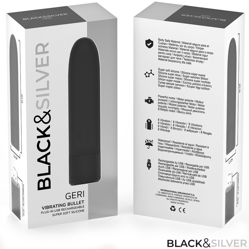 BLACK & SILVER - GERI BULLET VIBRANT RECHARGEABLE USB 8 VIBRATIONS NOIR 10 X 2,2 CM