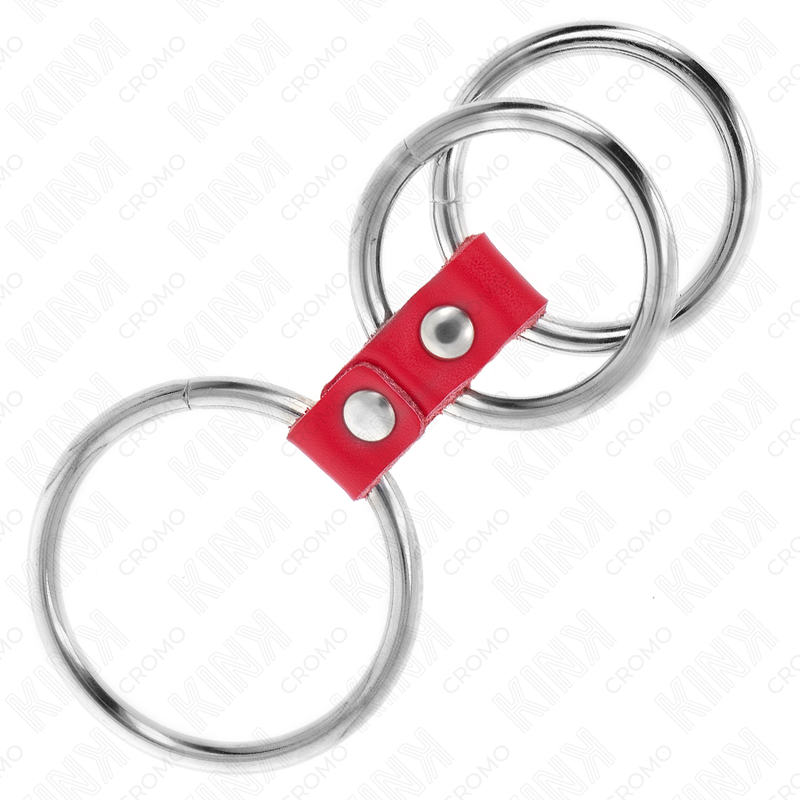Kink - anneau pénis triple métal 3,7 cm à 5 cm connecté avec du cuir rouge