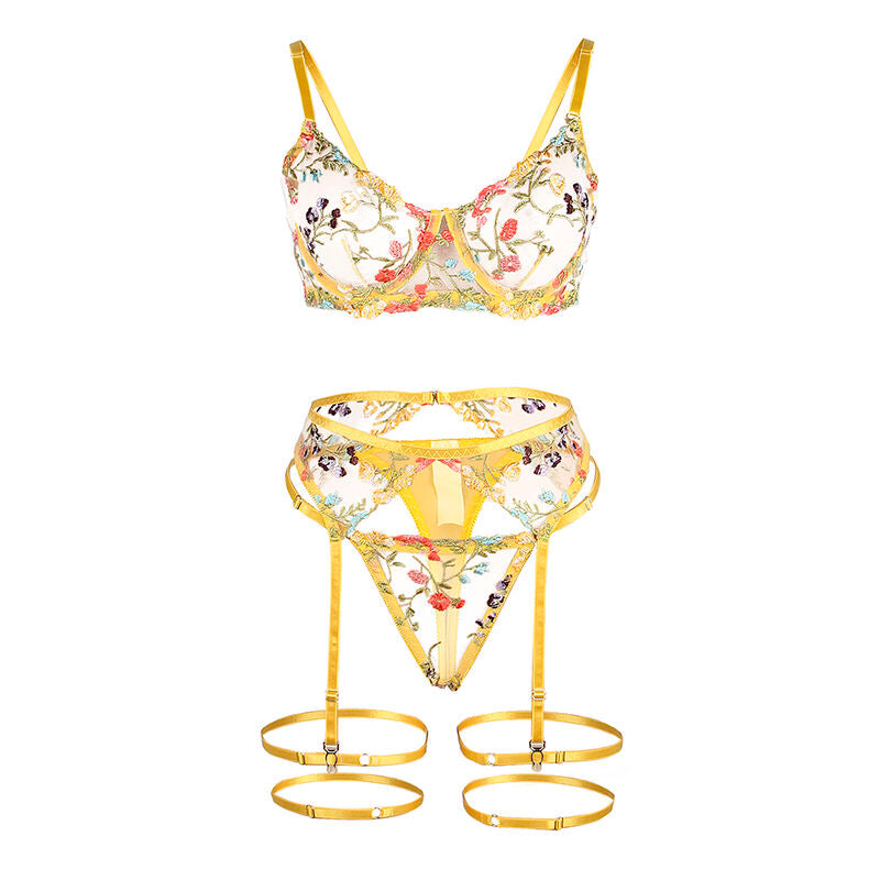 Subblime - 954345 soutien-gorge + string + porte-jarretelles motif floral jaune s/m
