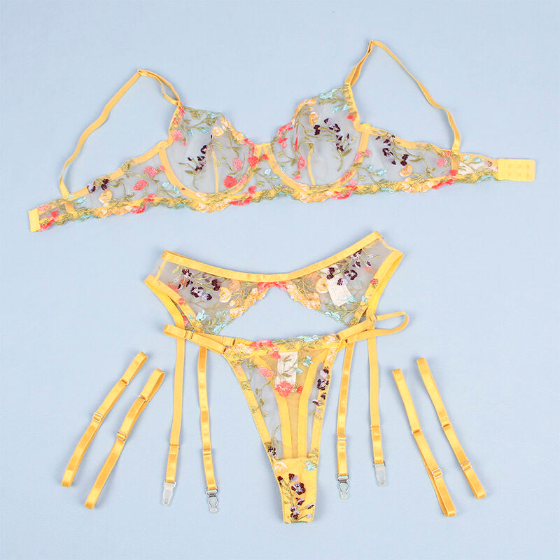 Subblime - 954345 soutien-gorge + string + porte-jarretelles motif floral jaune s/m