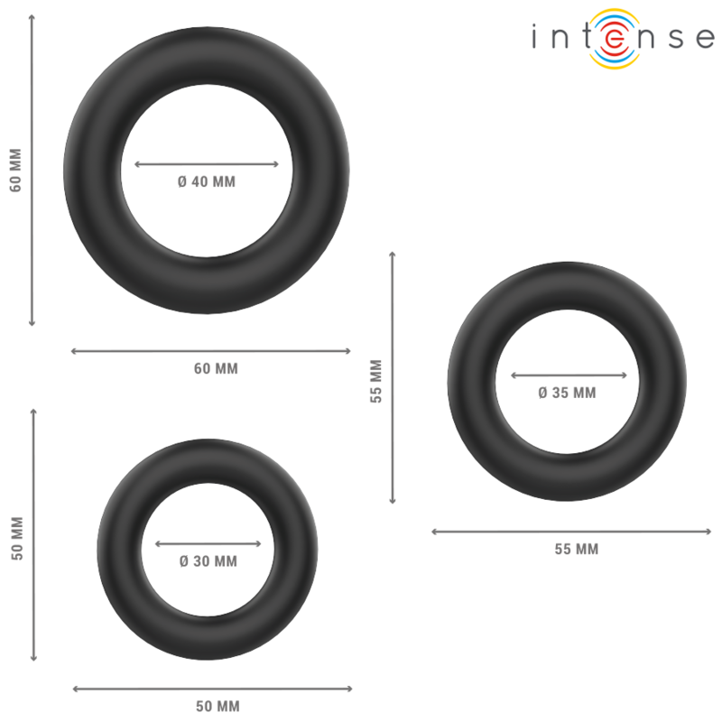 INTENSE - HUGH 3 ANNEAUX PÉNIS BASIQUES EN SILICONE NOIRS