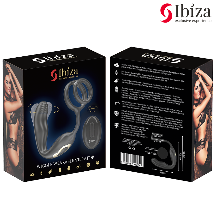 IBIZA - Plug anal rotatif télécommandé WIGGLE avec vibrations périnéales et anneaux rehaussant le pénis