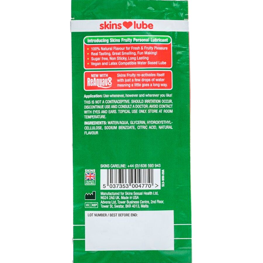 SKINS - LUBRIFIANT FRUITÉ À BASE D'EAU PARFUM PASTÈQUE DOSE UNIQUE 5 ML