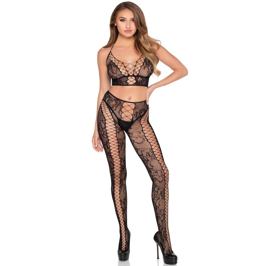 LEG AVENUE - 89368 ENSEMBLE CROP TOP ET COLLANTS NOIRS EN RÉSILLE ET DENTELLE - TAILLE UNIQUE