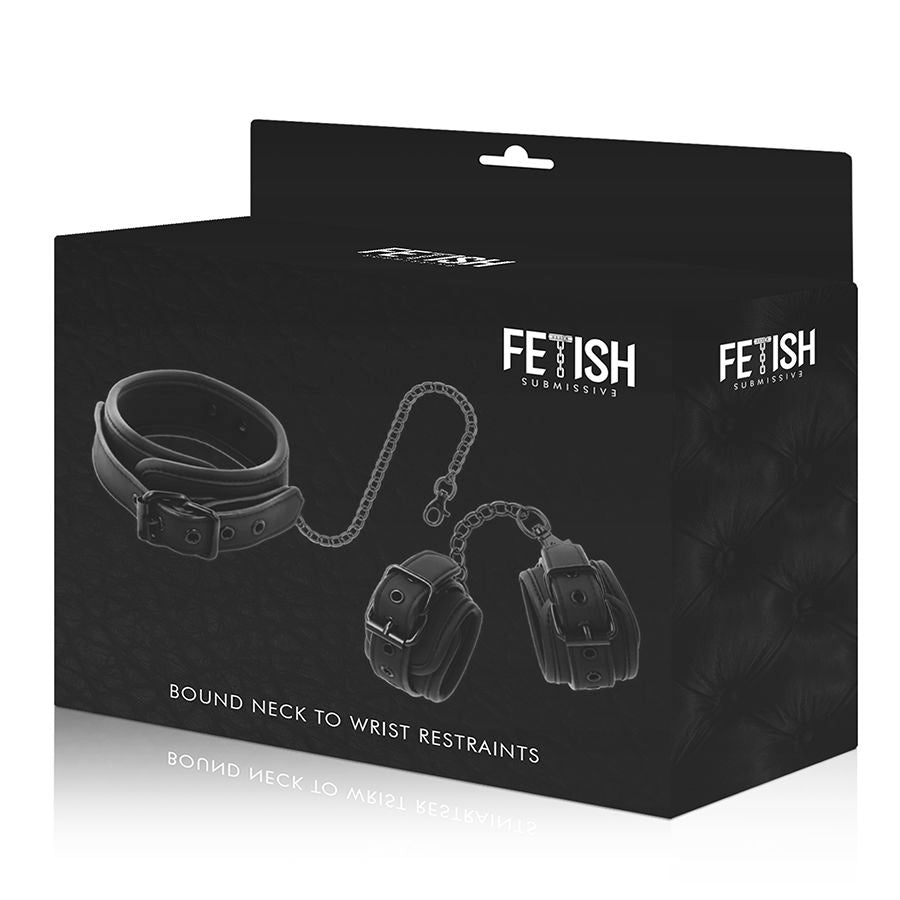 Fetish submissive - collier et menottes en cuir végan avec doublure en noprène