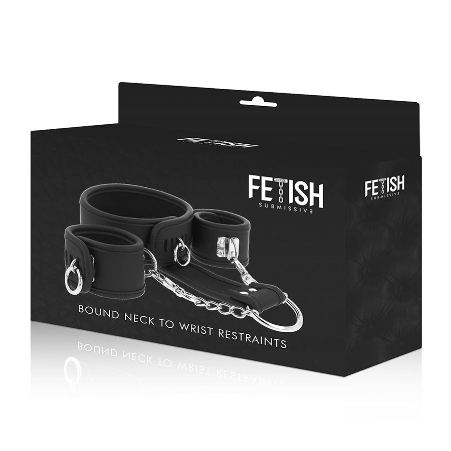 Fetish submissive - collier et menottes en cuir végan avec doublure en noprène