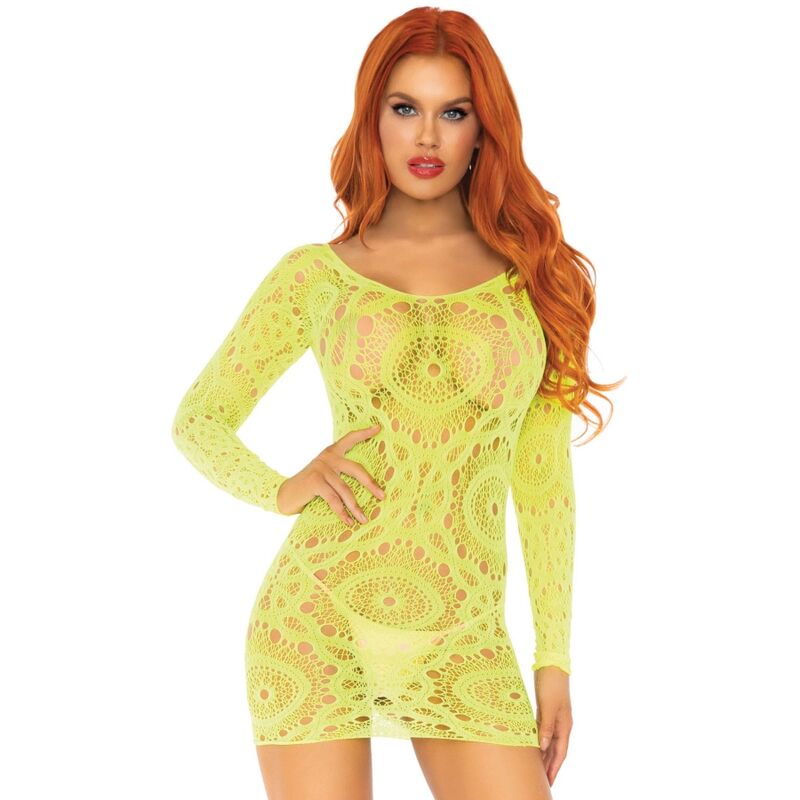 Leg avenue - mini robe en dentelle crochet manches longues néon taille unique
