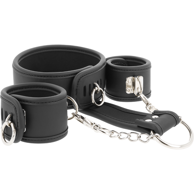 Fetish submissive - collier et menottes en cuir végan avec doublure en noprène