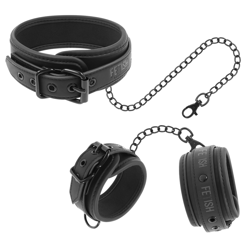 Fetish submissive - collier et menottes en cuir végan avec doublure en noprène